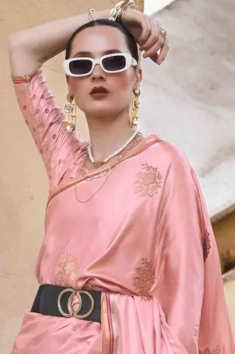 peach satin zari saree with unstitched blouse piece