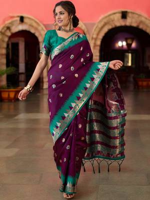 purple poly silk blend saree with unstitched blouse piece 3