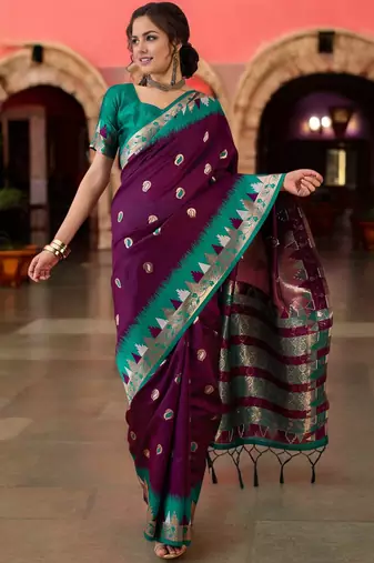 purple poly silk blend saree with unstitched blouse piece