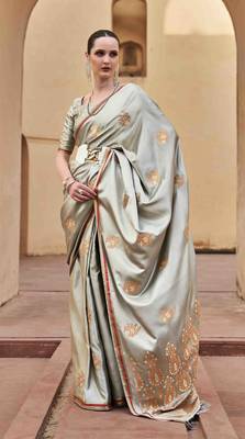 grey satin zari saree with unstitched blouse piece 1