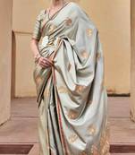 grey satin zari saree with unstitched blouse piece