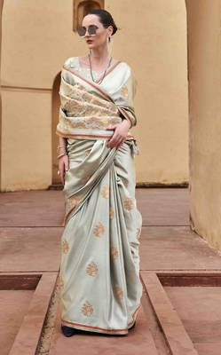 grey satin zari saree with unstitched blouse piece 2