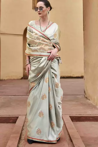 grey satin zari saree with unstitched blouse piece