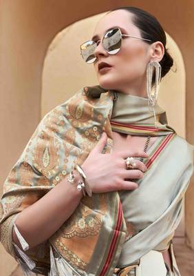 grey satin zari saree with unstitched blouse piece 3