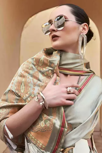 grey satin zari saree with unstitched blouse piece