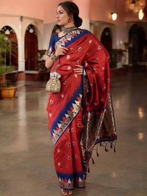 red poly silk blend saree with unstitched blouse piece 1