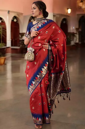 red poly silk saree with unstitched blouse piece