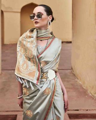 grey satin zari saree with unstitched blouse piece 4