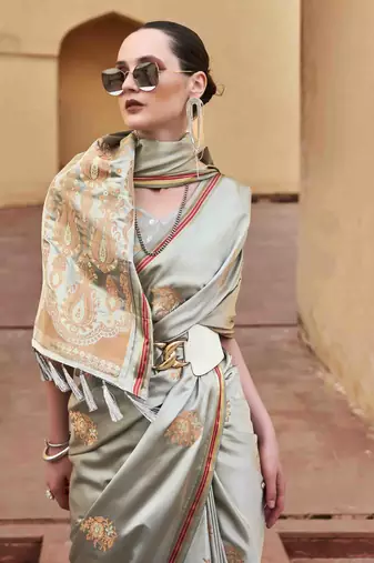 grey satin zari saree with unstitched blouse piece