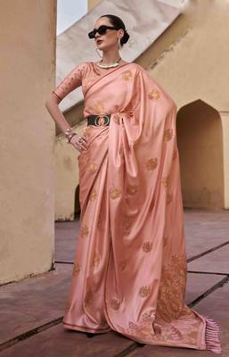 peach satin zari saree with unstitched blouse piece 1