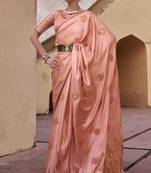 peach satin zari saree with unstitched blouse piece