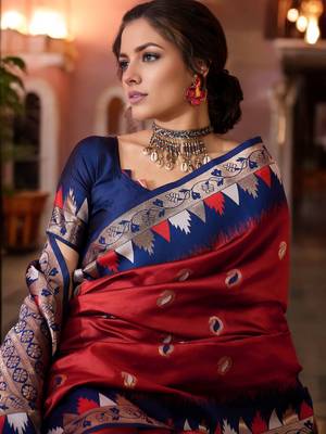 red poly silk blend saree with unstitched blouse piece 2
