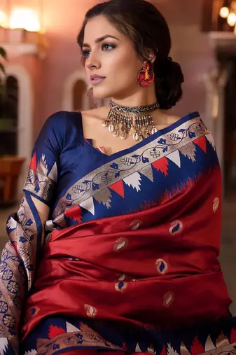 red poly silk saree with unstitched blouse piece