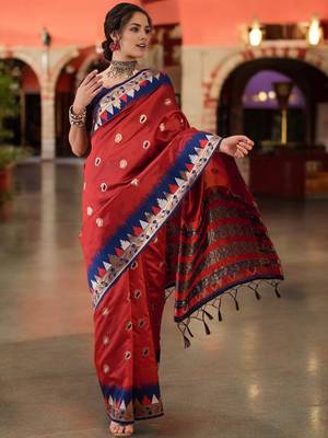 red poly silk blend saree with unstitched blouse piece 3