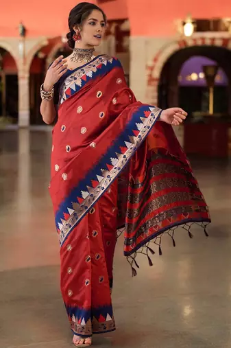 red poly silk saree with unstitched blouse piece