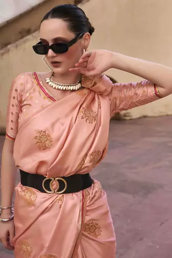 peach satin zari saree with unstitched blouse piece