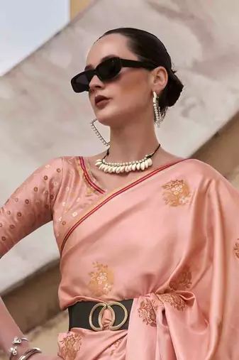 peach satin zari saree with unstitched blouse piece