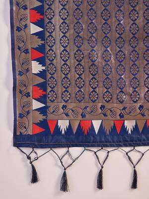 red poly silk blend saree with unstitched blouse piece 5