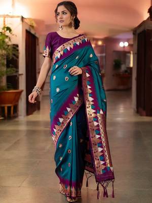 teal poly silk blend saree with unstitched blouse piece 1