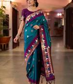 teal poly silk saree with unstitched blouse piece