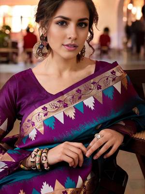 teal poly silk blend saree with unstitched blouse piece 2