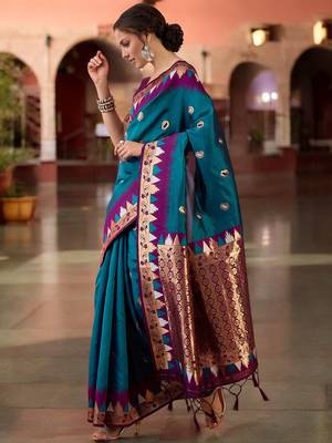 teal poly silk blend saree with unstitched blouse piece 3