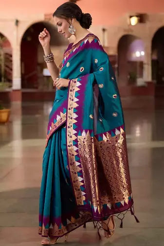 teal poly silk blend saree with unstitched blouse piece