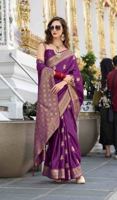 wine satin zari woven saree with unstitched blouse piece 1