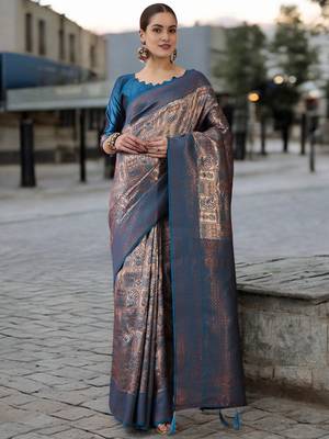 blue poly silk saree with unstitched blouse piece 1