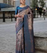 blue poly silk saree with unstitched blouse piece