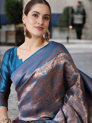 blue poly silk saree with unstitched blouse piece 2