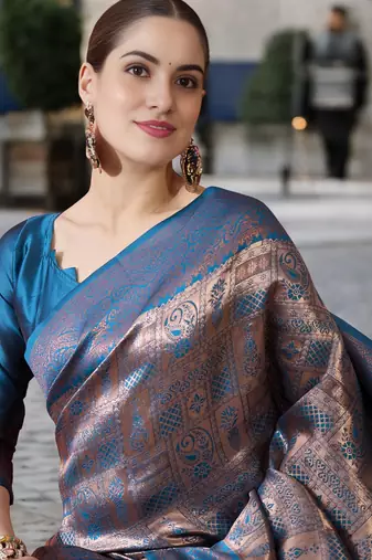 blue poly silk saree with unstitched blouse piece