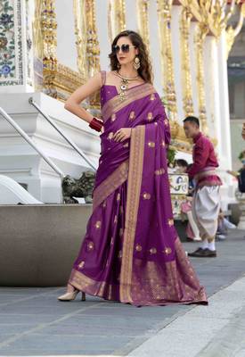 wine satin zari woven saree with unstitched blouse piece 2