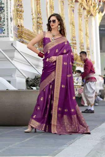 wine satin zari woven saree with unstitched blouse piece