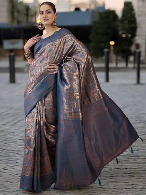 blue poly silk saree with unstitched blouse piece 3