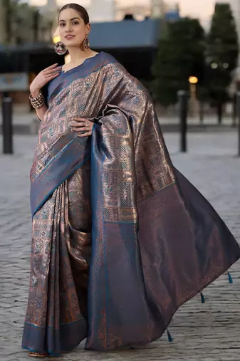 blue poly silk saree with unstitched blouse piece