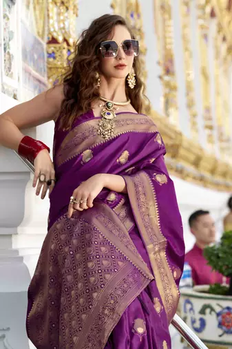 wine satin zari woven saree with unstitched blouse piece