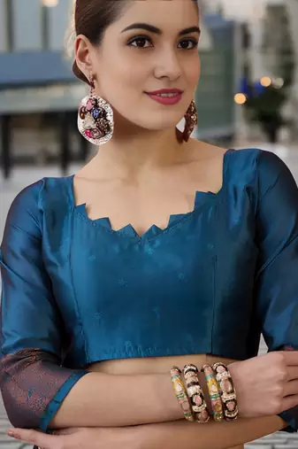 blue poly silk saree with unstitched blouse piece