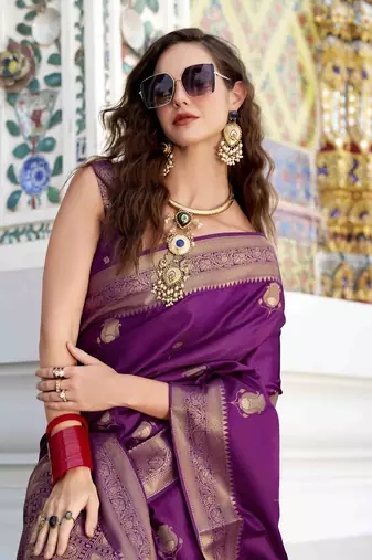 wine satin zari woven saree with unstitched blouse piece