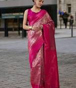 magenta poly silk saree with unstitched blouse piece