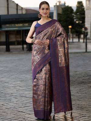 navy poly silk blend saree with unstitched blouse piece 1