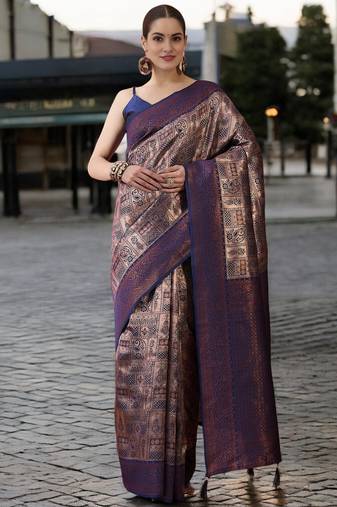 navy poly silk saree with unstitched blouse piece