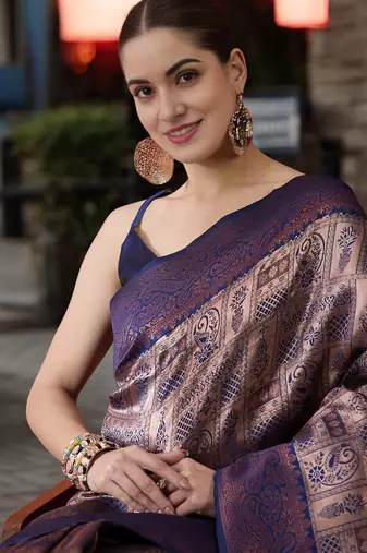 navy poly silk blend saree with unstitched blouse piece