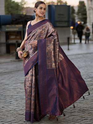 navy poly silk blend saree with unstitched blouse piece 3