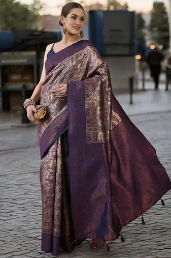 navy poly silk blend saree with unstitched blouse piece