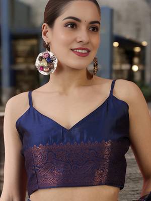 navy poly silk blend saree with unstitched blouse piece 4