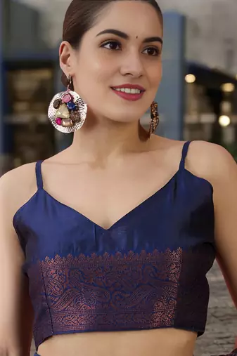 navy poly silk blend saree with unstitched blouse piece