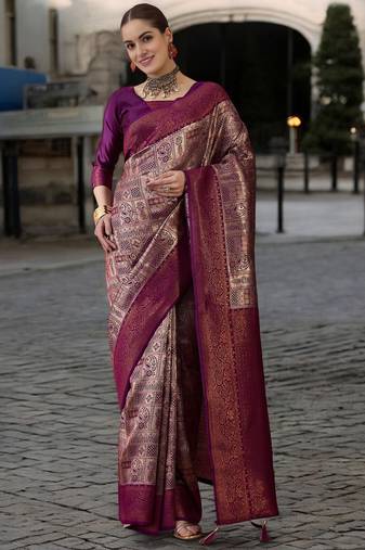purple poly silk saree with unstitched blouse piece