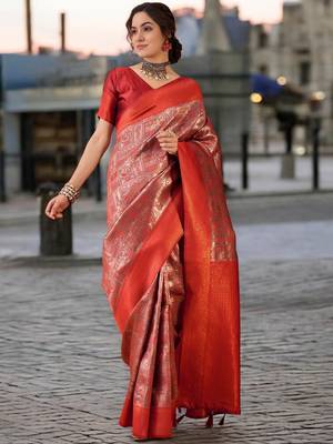 rust poly silk blend saree with unstitched blouse piece 1