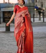 rust poly silk saree with unstitched blouse piece